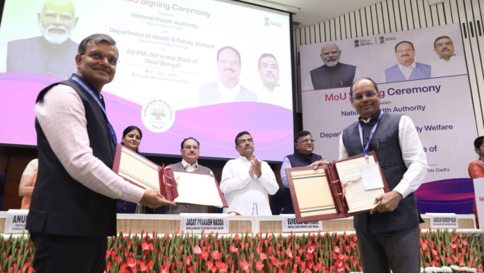 The signing of MoU for the rollout of Ayushman Bharat in West Bengal, in New Delhi on Monday | X/@MoHFW_INDIA
