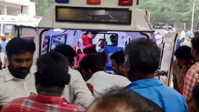 An ambulance carrying the injured following the fire at Vizag steel plant, Andhra Pradesh | PTI