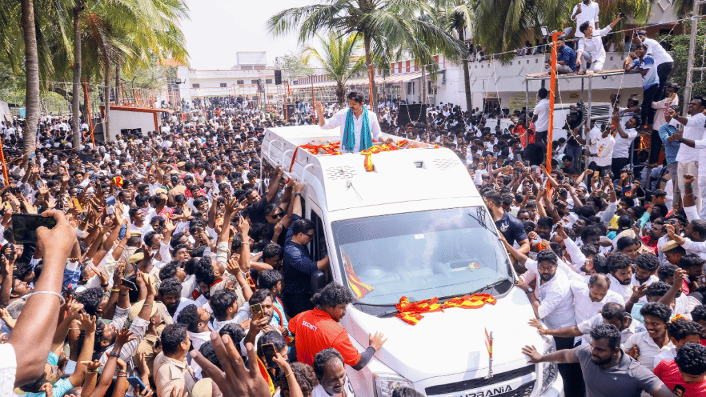 File photo of TVK chief Vijay meeting villagers who were protesting against the proposed Greenfield Airport Project at Parandur, in Kanchipuram | ANI