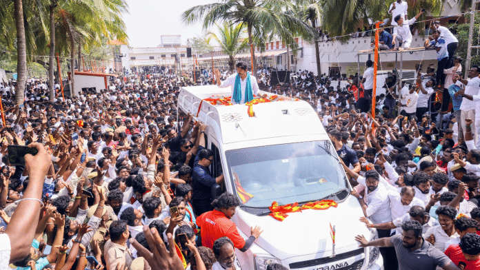 File photo of TVK chief Vijay meeting villagers who were protesting against the proposed Greenfield Airport Project at Parandur, in Kanchipuram | ANI