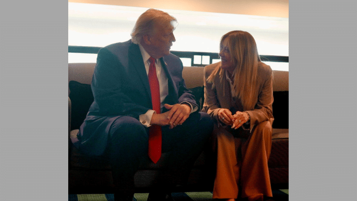 File photo of US President Donald Trump speaking with Italian Prime Minister Giorgia Meloni on the sidelines of the G7 Summit in Evian-les-Bains, France | Italian Prime Ministry/Handout via REUTERS