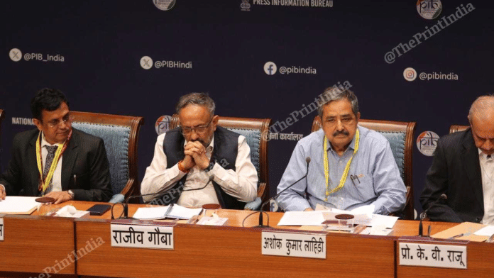 Niti Aayog vice chairman Ashok Lahiri & other members, including Rajiv Gauba, address media after 11th Governing Council meeting on Thursday. | Nikitha Arathi Naveen/ThePrint