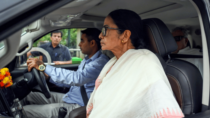 TMC chief Mamata Banerjee departs from residence of AICC chairperson Sonia Gandhi after meeting her in New Delhi on Tuesday. | ANI