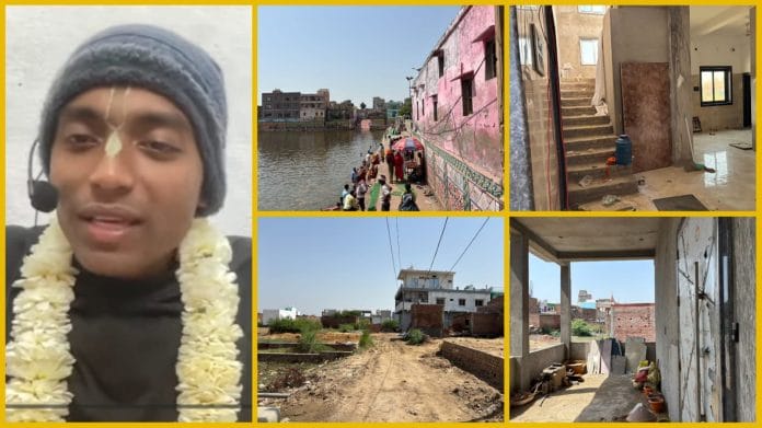 (Clockwise from L) Arrested engineer-turned-preacher Abhishek Mishra, a view of Radha Kund in Mathura & photos of Mishra’s ashram | Samridhi Tewari/ThePrint & YouTube screengrab