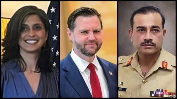 (L to R) Usha Vance, J.D. Vance and Asim Munir | ANI