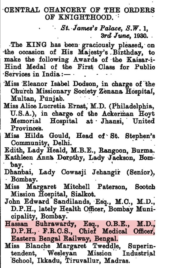 The newspaper clipping of The London Gazette from June 1930 announcing Hassan Suhrawardy's knighthood. Image: The London Gazette