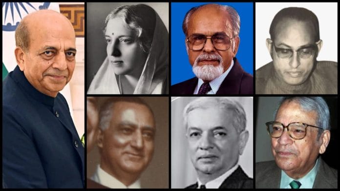 (Clockwise from left) Dinesh Trivedi, Vijaya Lakshmi Pandit, I.K Gujrat, L.M. Singhvi, S.S. Ray, G.L Mehta and T.N. Kaul