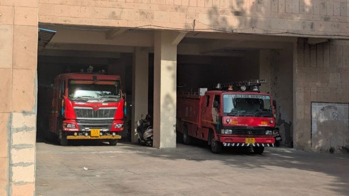Two fire trucks at the Bhikaji Cama Place Fire Station | Himanshi Aggarwal, ThePrint