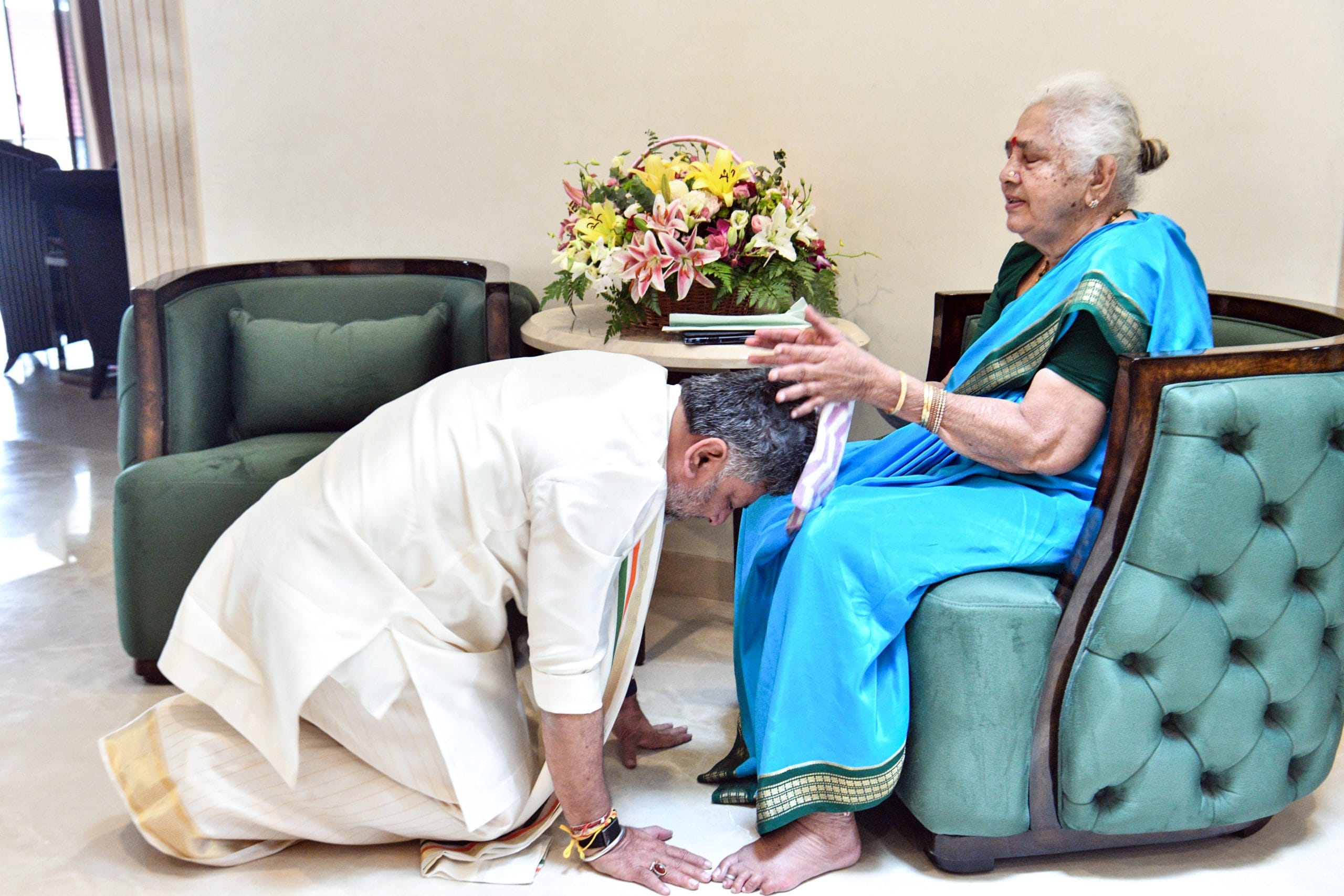 Karnataka Chief Minister-designate DK Shivakumar meets and takes blessings from his mother, Gowramma, ahead of his oath-taking ceremony, in Bengaluru on Wednesday | DK Shivakumar Office/ANI