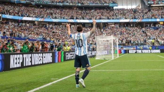 Lionel Messi celebrates after scoring a goal against Austria on Monday night | @afaseleccion, Instagram