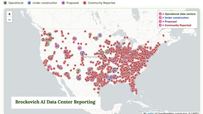 Erin Brockovich has created a map of upcoming and already-constructed AI data centres with community-sourced information. | brockovichdatacenter.com