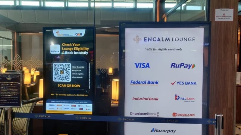 The various banks and cards accepted at Encalm lounge, displayed outside | Stela Dey, ThePrint