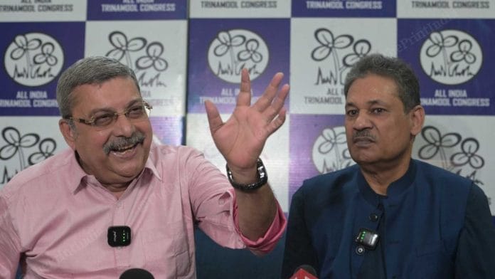 TMC MPs Kalyan Banerjee and Kirti Azad address a press conference in New Delhi on Tuesday | Suraj Singh Bisht | ThePrint
