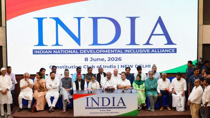 INDIA alliance after their meeting at the Constitution Club of India, in New Delhi on Monday. | ANI
