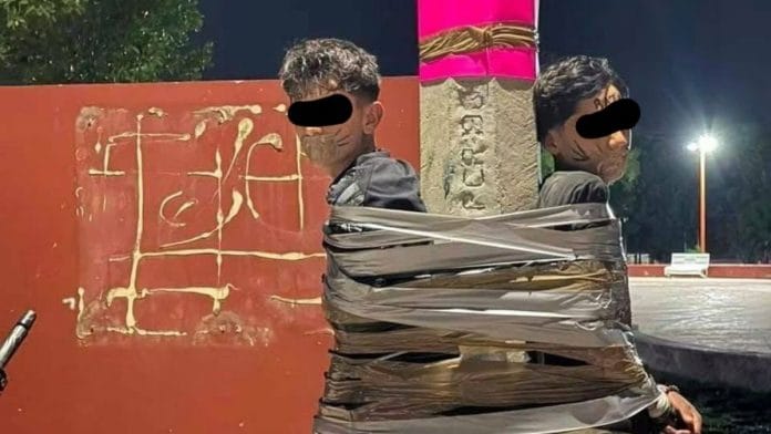Two alleged bike thieves tied to a pole in Mexico | X
