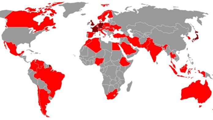 World map showing middle powers in red, with those occasionally considered great powers (the UK, France, Germany, and Japan) in dark red | Wikimedia Commons