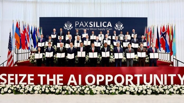 US Under Secretary of Economic Affairs Jacob Helberg (C), with other signatories to the declaration on AI opportunity poses for a group photograph at the Summit for Pax Silica partner economies, in Washington DC, on Thursday | @UnderSecE X/ANI