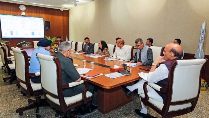 Union Defence Minister Rajnath Singh reviews the progress of major ongoing projects of Hindustan Aeronautics Limited (HAL) at a meeting, in New Delhi on Monday. Defence Secretary Rajesh Kumar Singh, Chief of Defence Staff (CDS) General N. S. Raja Subramani, and Chief of the Air Staff Air Chief Marshal Amar Preet Singh also present | Source: RMO/ANI