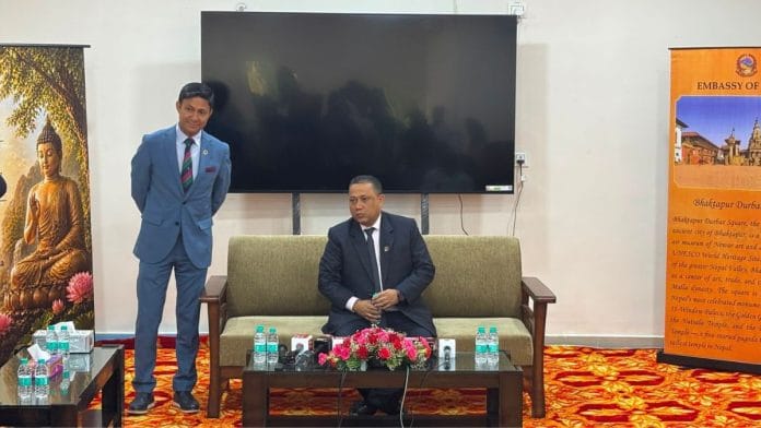 Nepal Foreign Minister Shishir Khanal (seated) interacting with media persons at the Embassy of Nepal in New Delhi Sunday | Keshav Padmanabhan | ThePrint