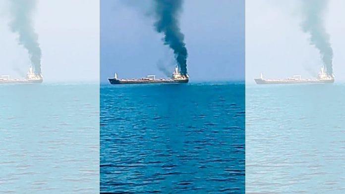 A visual of the commercial vessel MT Jalveer, with Indian seafarers on board, attacked off the coast of Oman near the Shinas Port Thursday | Forward Seamen’s Union of India/ANI Video Grab