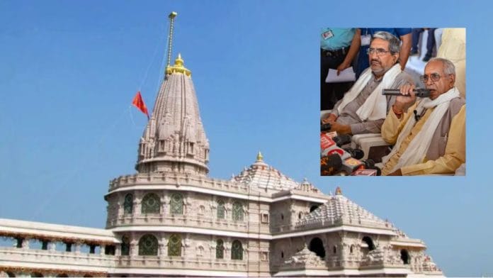 File images: The Ram Janmabhoomi Temple in Ayodhya; (inset) Temple trust general secretary Champat Rai, trustee Anil Mishra | ANI, PTI
