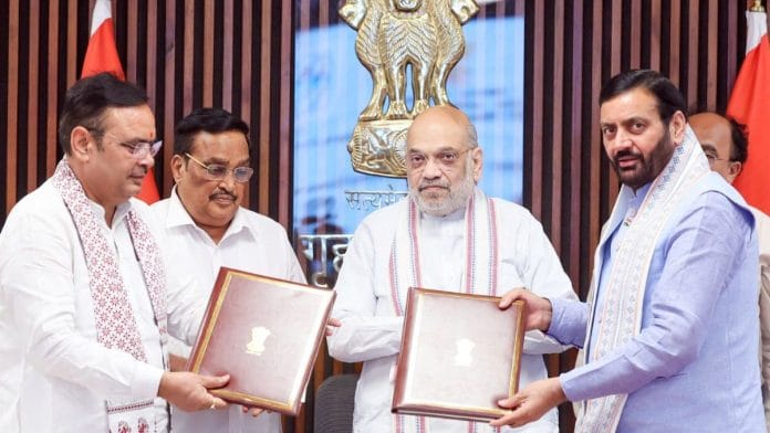 Union Home Minister Amit Shah with Union Jal Shakti Minister C.R. Patil, Haryana Chief Minister Nayab Singh Saini, and Rajasthan Chief Minister Bhajanlal Sharma at the signing of the Yamuna water MoU