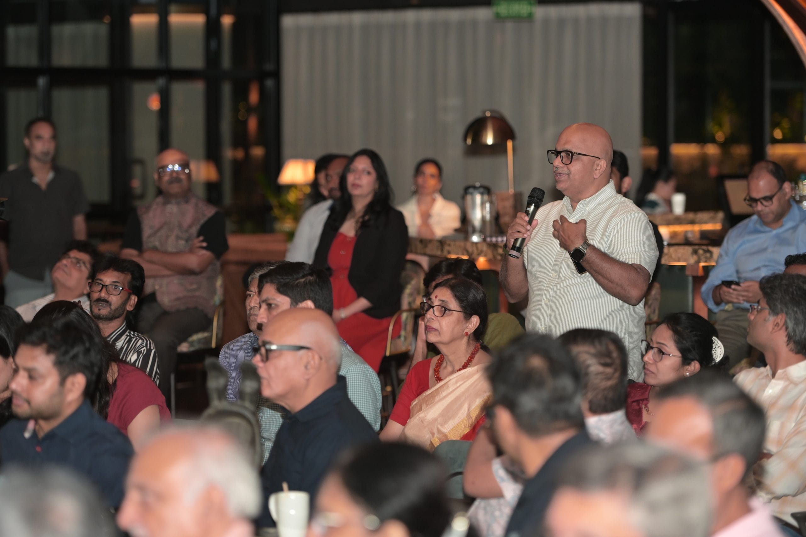 Ashok Atluri, Managing Director of Zen Technologies Ltd, asks a question during the interaction. | Suraj Singh Bisht/ThePrint
