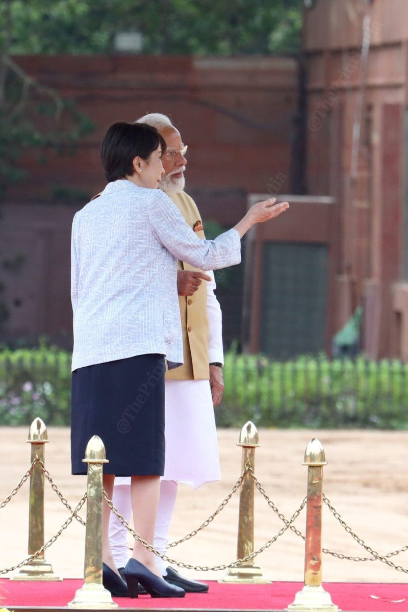 Japanese Prime Minister Sanae Takaichi attends a welcoming ceremony with Indian Prime Minister Narendra Modi at Rashtrapati Bhavan in New Delhi | Praveen Jain | ThePrint