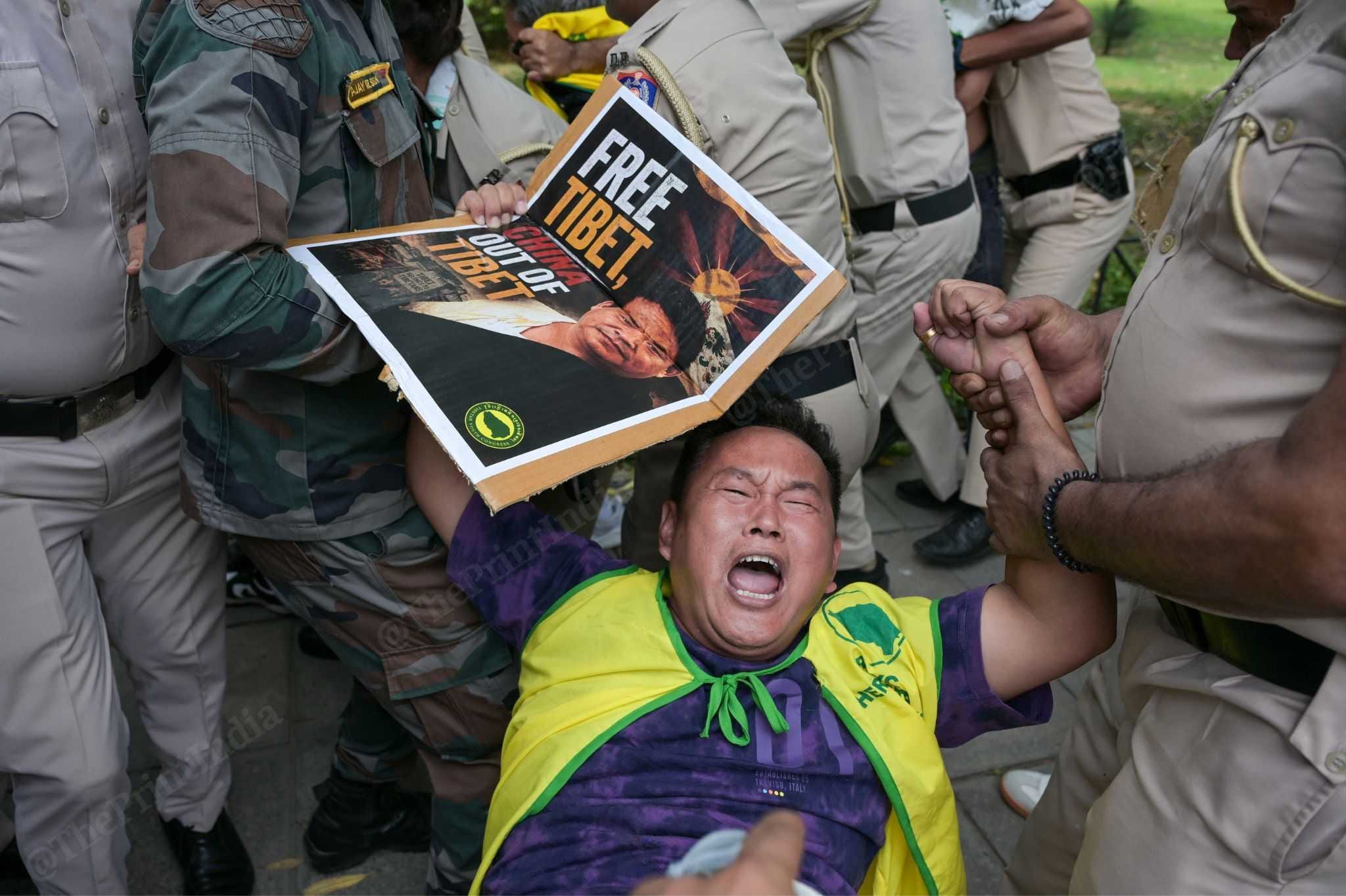 Members of the Tibetan Youth Congress (TYC) stage a protest outside the Chinese Embassy in New Delhi on Tuesday against alleged political repression in Tibet and China's proposed Ethnic Unity Law. Suraj Singh Bisht./ThePrint