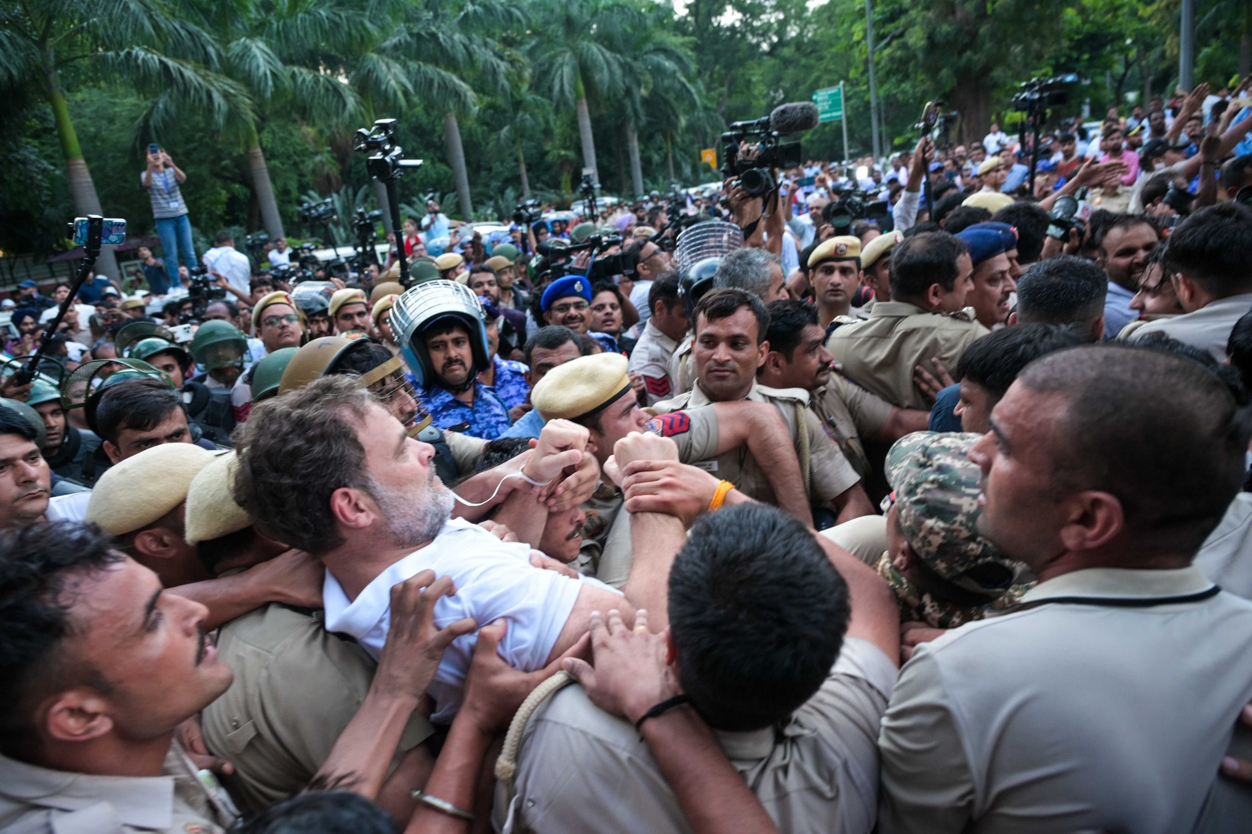 Congress leader Rahul Gandhi is detained after he led a dharna outside the residence of Prime Minister Narendra Modi at Lok Kalyan Marg in New Delhi | Suraj Singh Bisht | ThePrint