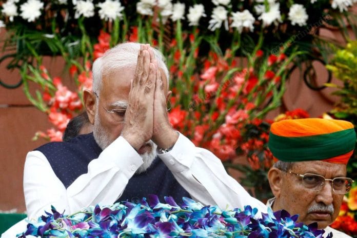 Prime Minister Narendra Modi gestures after delivering his message ahead of Monsoon Session of Parliament |  Praveen Jain | ThePrint