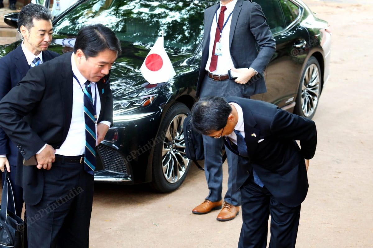 Japan's Ambassador to India Ono Keiichi greets a senior member of the Japanese delegation | Praveen Jain | ThePrint