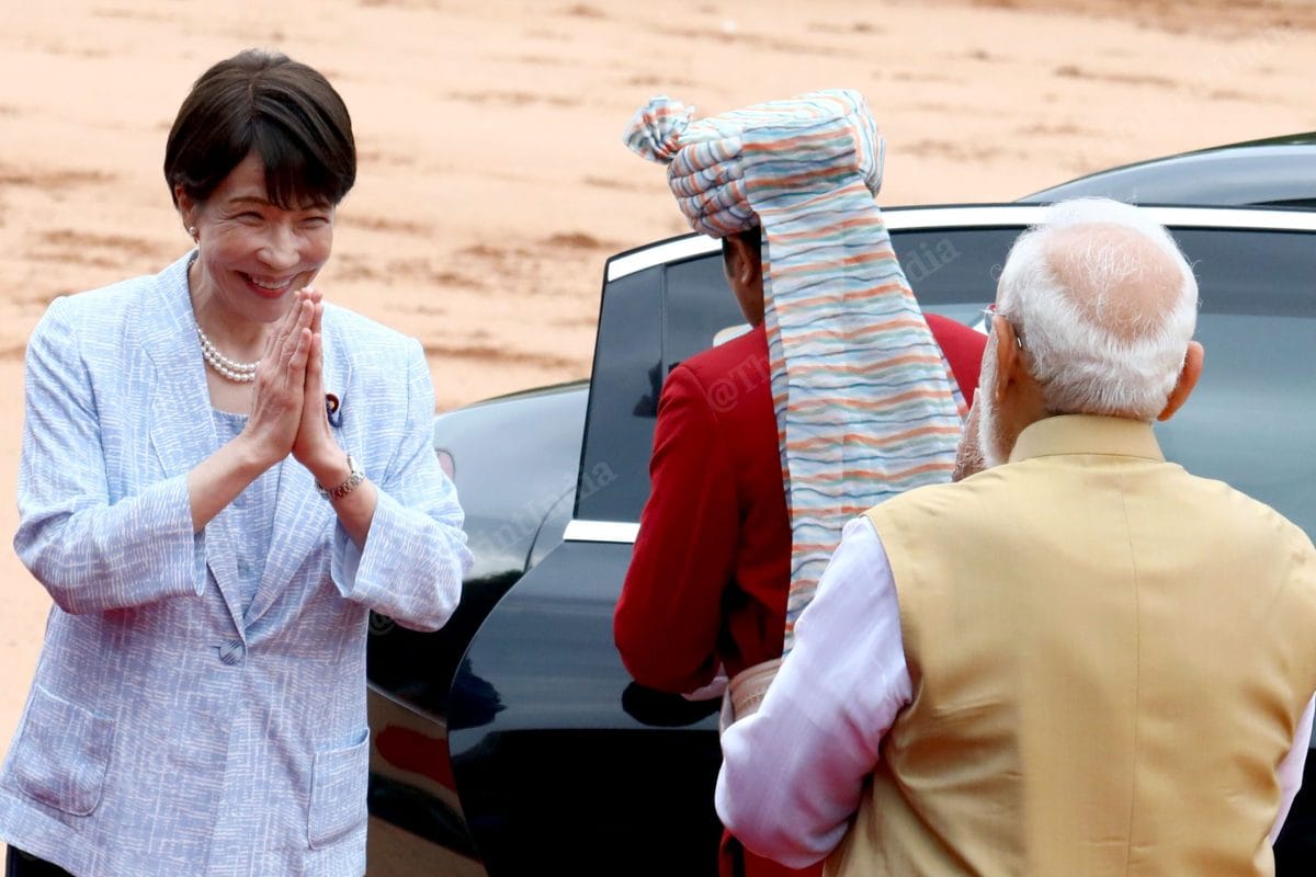 Prime Minister Narendra Modi greets Japan's Prime Minister Sanae Takaichi on his arrival at Rashtrapati Bhavan, in New Delhi | Praveen Jain | ThePrint