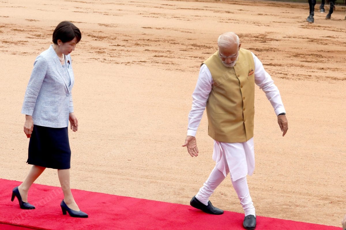 Japanese Prime Minister Sanae Takaichi is welcomed by Indian Prime Minister Narendra Modi at Rashtrapati Bhavan | Praveen Jain | ThePrint