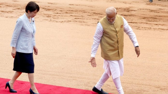Japanese Prime Minister Sanae Takaichi is welcomed by Indian Prime Minister Narendra Modi at Rashtrapati Bhavan | Praveen Jain | ThePrint