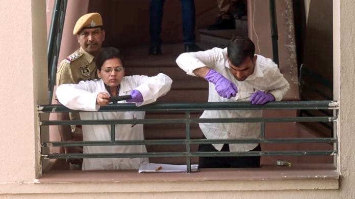 Jaipur, Nov 01 (ANI): Police and the Forensic Science Laboratory team reach the Neerja Modi School after the death of a 6th-grade student who fell from the roof, in Jaipur on Saturday. (ANI Video Grab)
