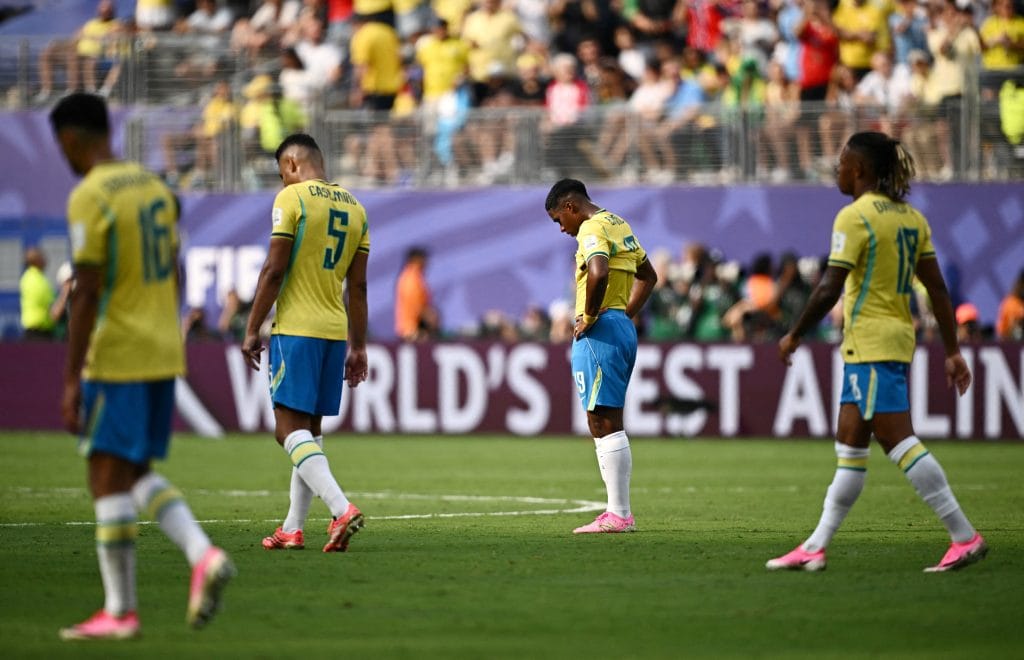 A dejected Brazilian team after Norway's Erling Haaland scores their second goal | Dylan Martinez | Reuters