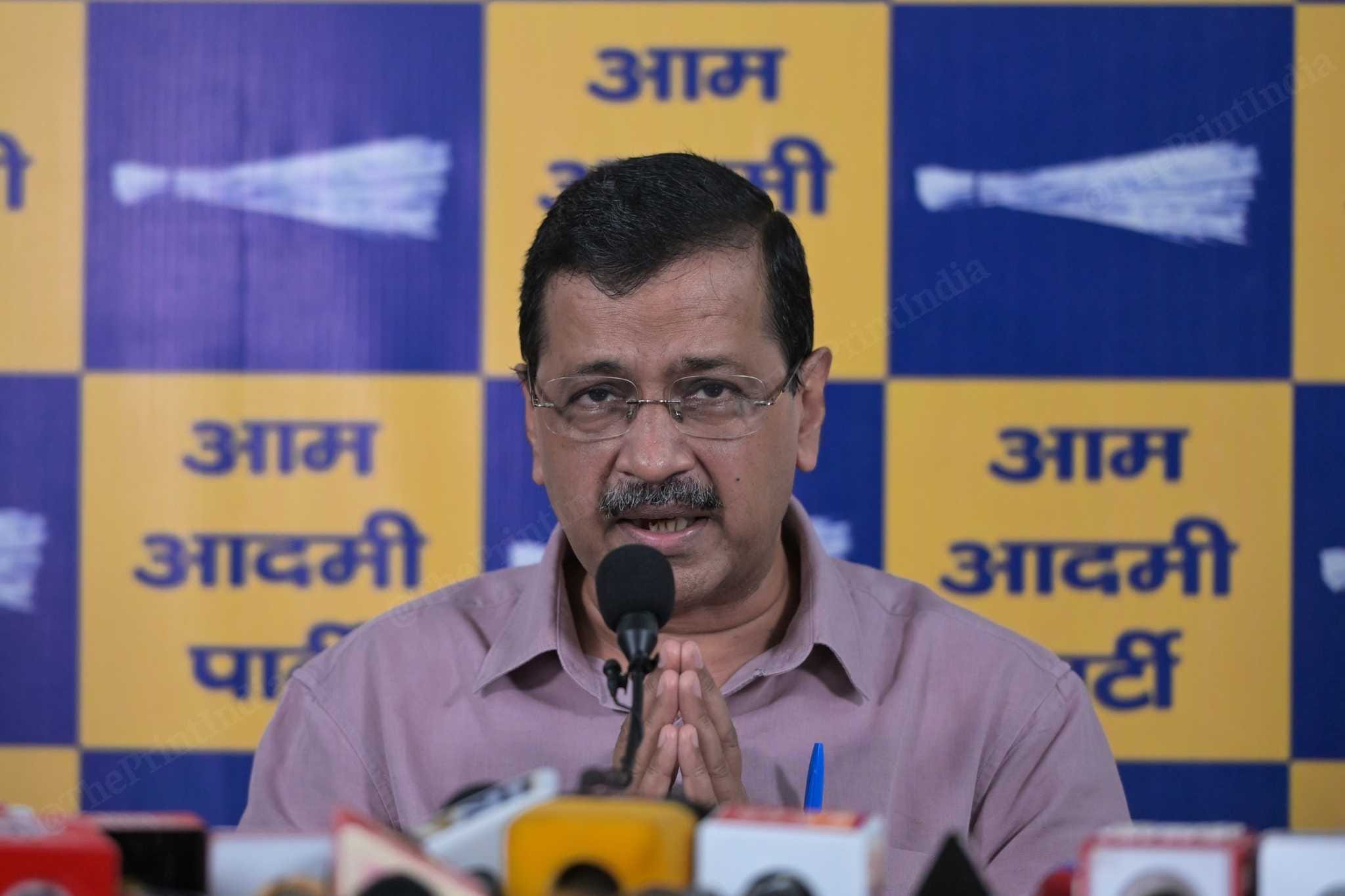 Aam Aadmi Party national convener Arvind Kejriwal addresses a press conference at the party office in New Delhi on Tuesday, raising concerns over the implementation of E20 fuel. Suraj Singh Bisht/ThePrint