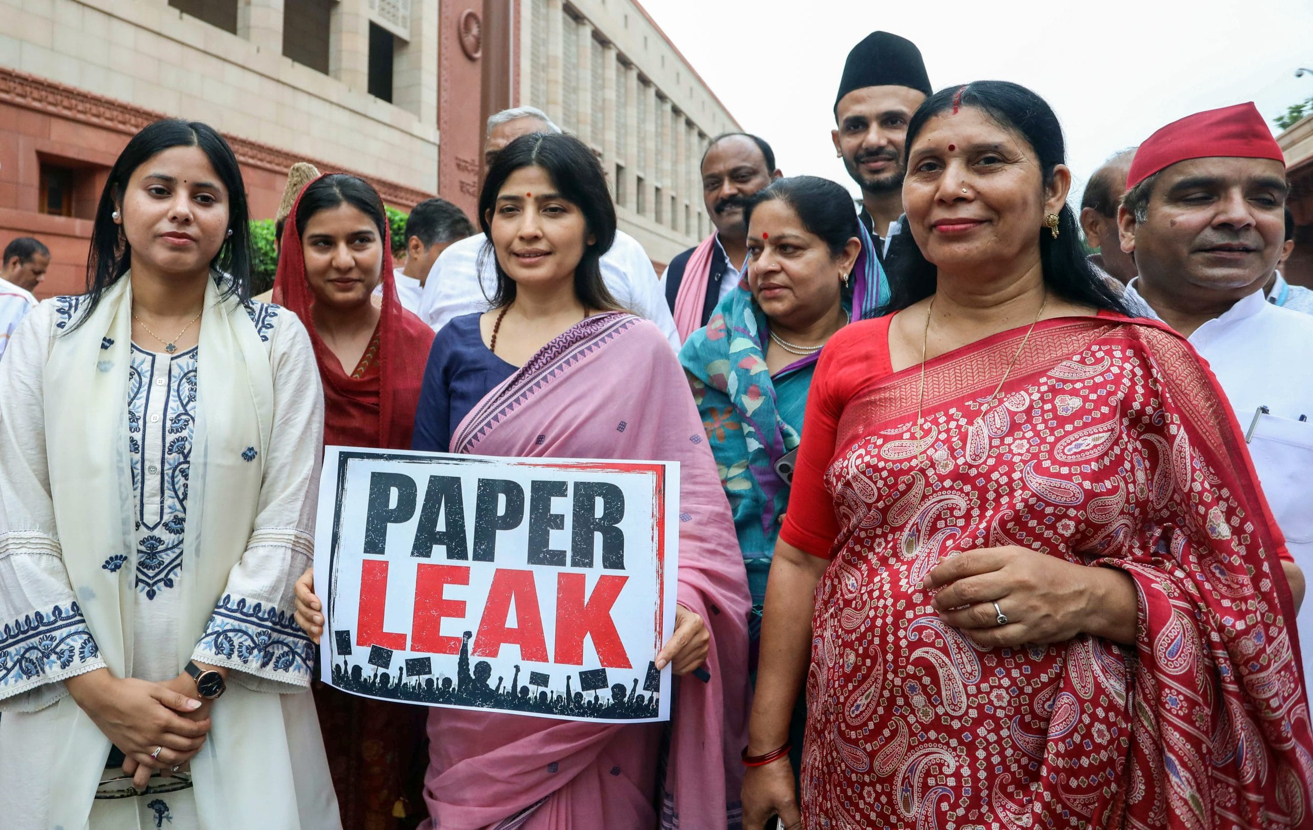 Dimple Yadav and other SP MPs march from Parliament to Jantar Mantar as they protest over NEET paper leak on first day the Monsoon Session on Monday. | ANI photo