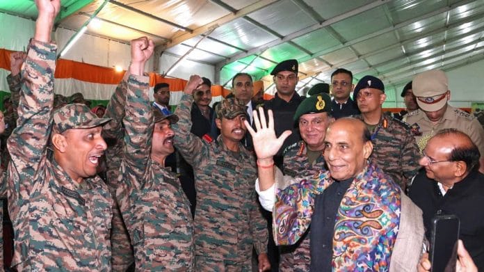 Union Defence Minister Rajnath Singh during a commemorative event on the eve of 27th Kargil Vijay Diwas at Dras, in Ladakh | X @SpokespersonMoD/ANI