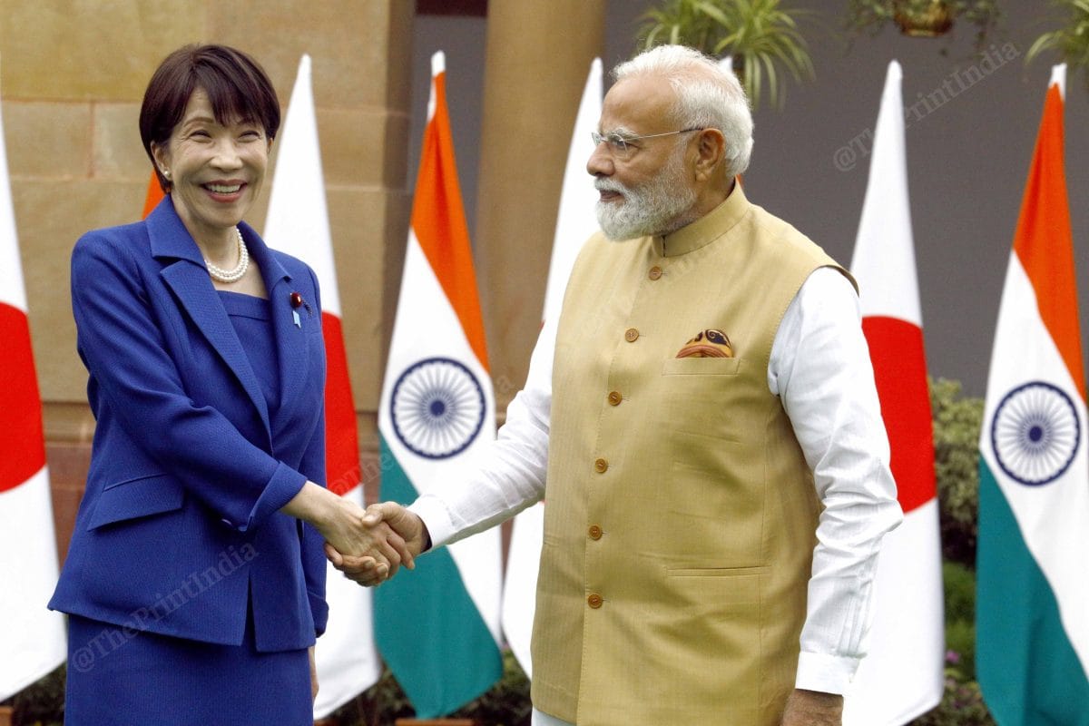 Japanese PM Sanae Takaichi and PM Narendra Modi shake hands before a summit meeting at Hyderabad House in New Delhi | Praveen Jain | ThePrint