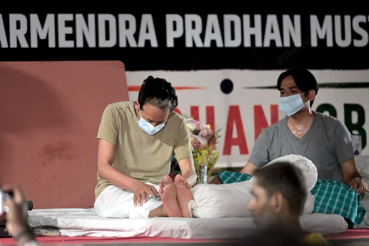 Sonam Wangchuk stretching his body at Jantar Mantar | Photo: Suraj Singh Bisht | ThePrint