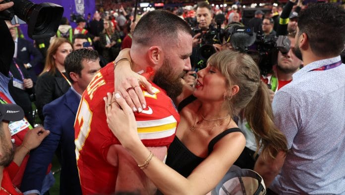 Travis Kelce kisses Taylor Swift after defeating the San Francisco 49ers 25-22 in overtime during Super Bowl LVIII in Las Vegas in 2024 Ezra Shaw Getty Images | Bloomberg
