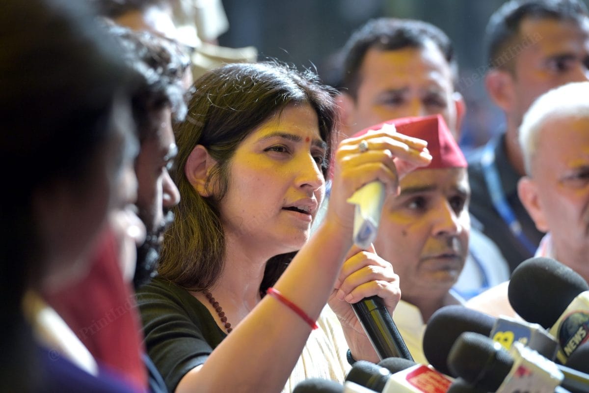 Samajwadi Party leader Dimple Yadav addressing media at Jantar Mantar | Photo: Suraj Singh Bisht | ThePrint