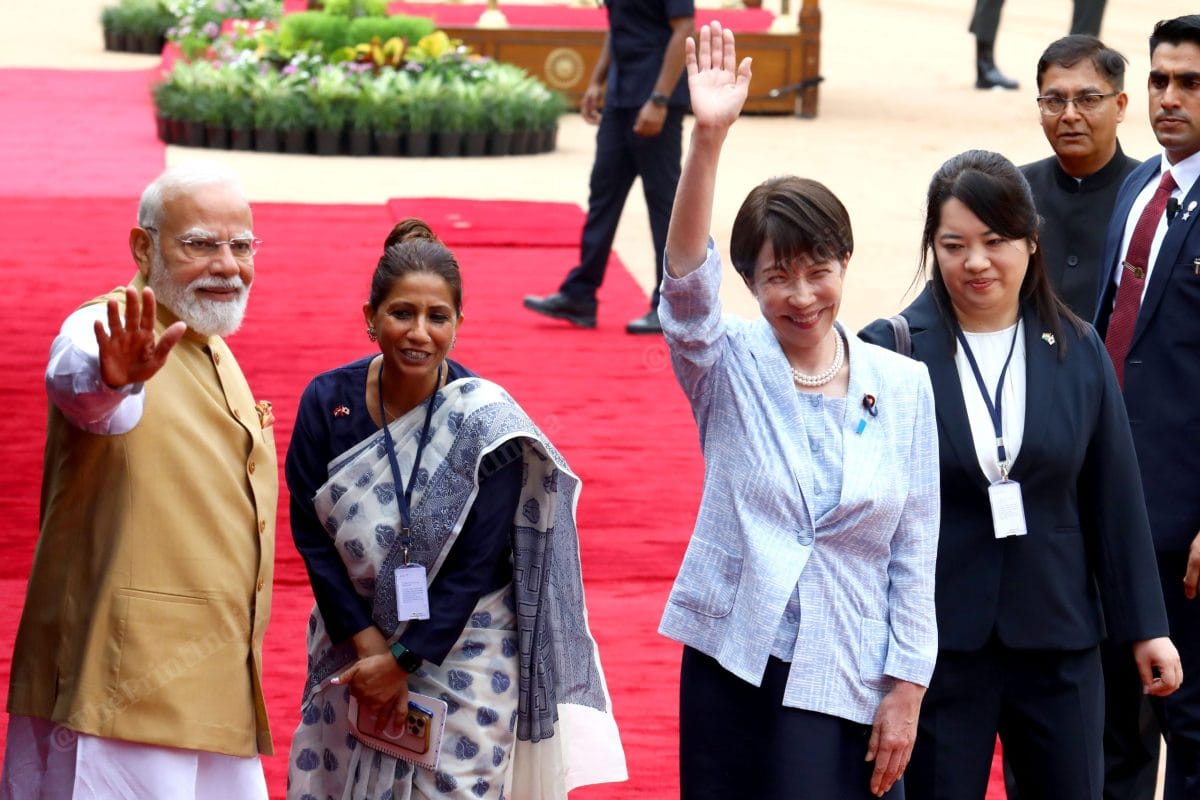 Japanese Prime Minister Sanae Takaichi and PM Narendra Modi waves to the media at Rashtrapati Bhavan | Praveen Jain | ThePrint