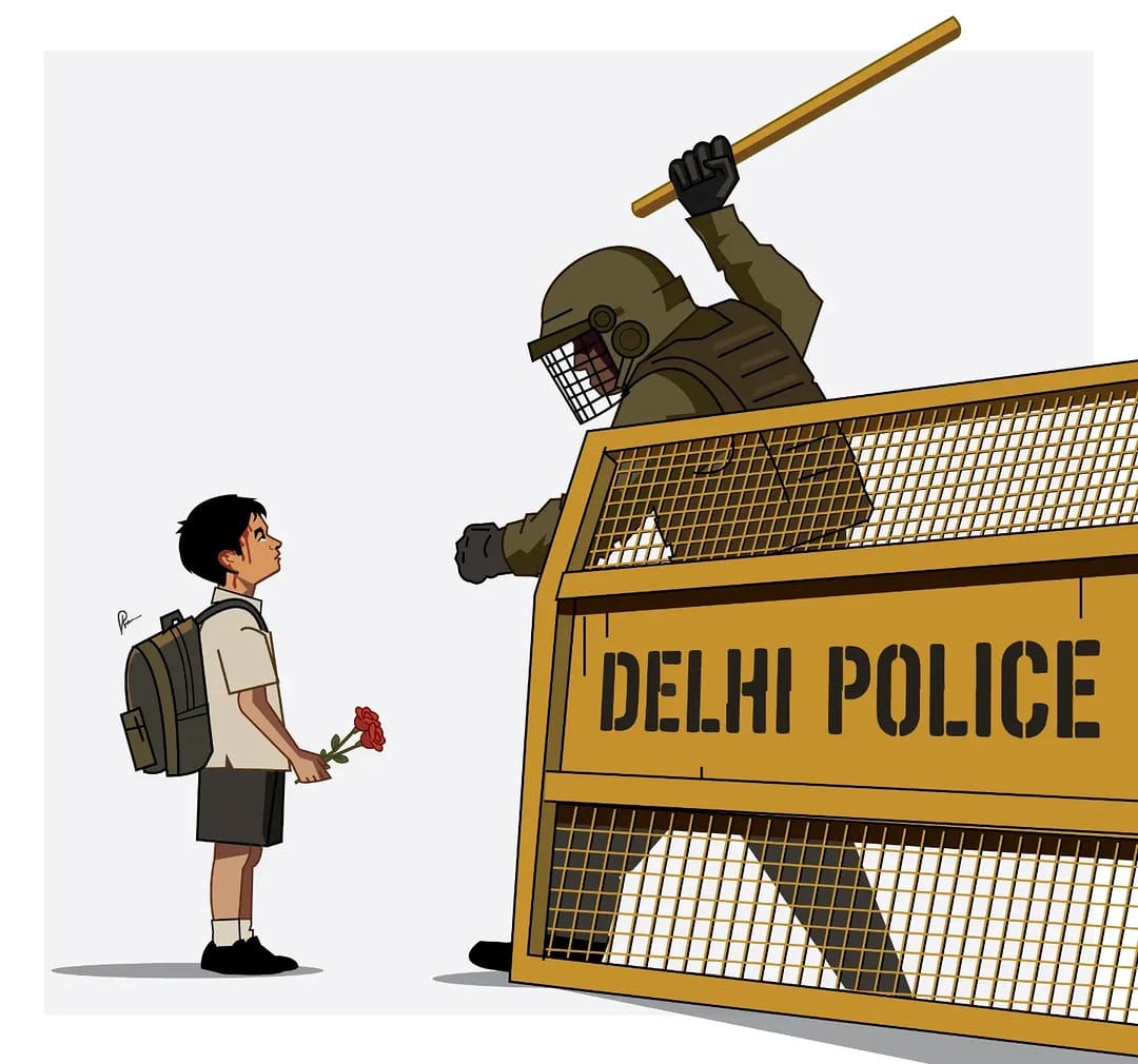 Artwork showing a police officer raising a baton against a school boy