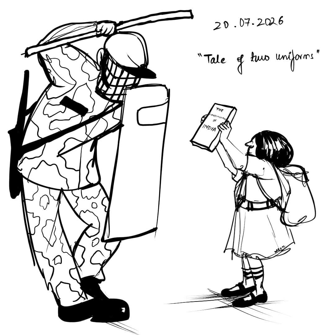 Artwork showing an officer raising a baton against a school girl, who holds up the Constitution
