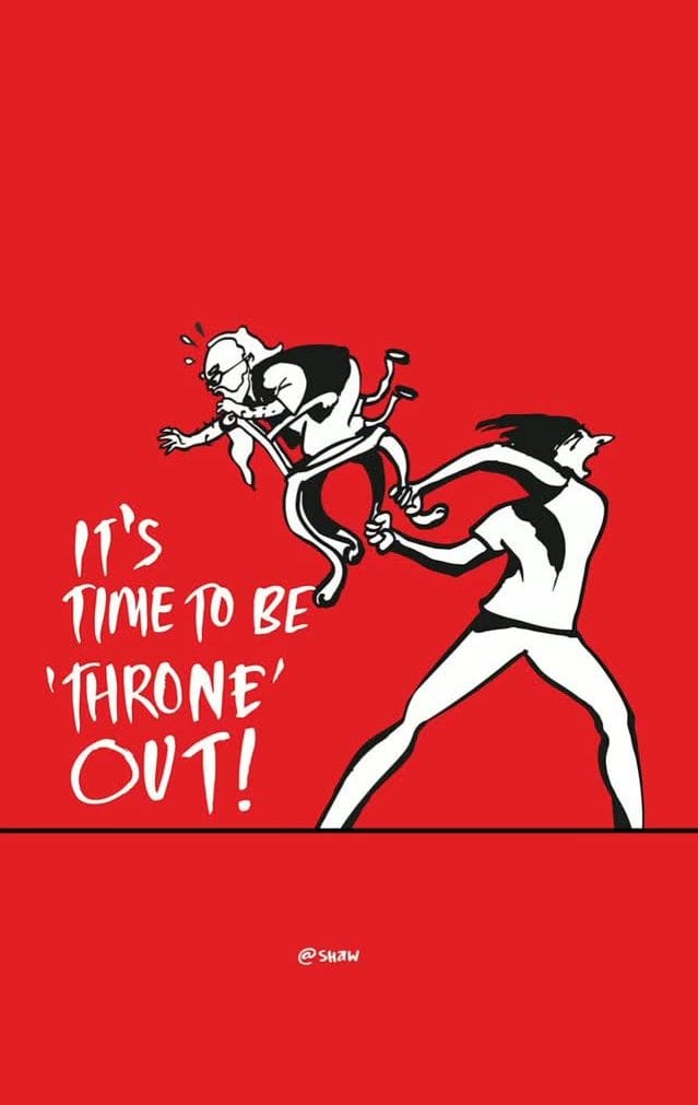 A man throws a chair with a disproportionately small bearded man clutching on to it