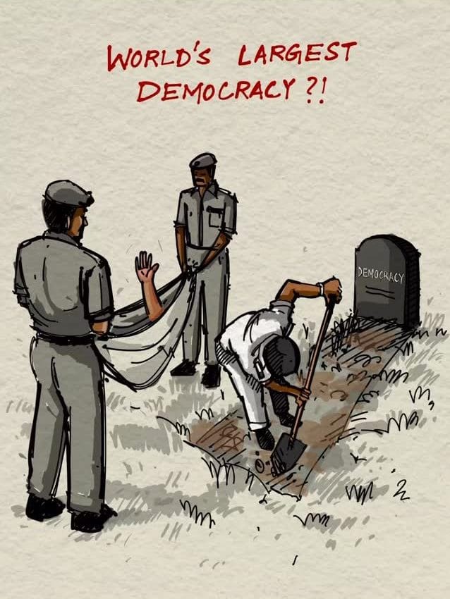 Art showing two police officers holding a person in a white sheet while a third digs a grave