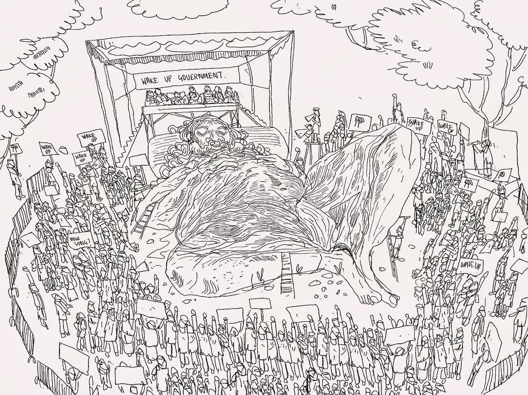 Illustration showing the government as a sleeping demon